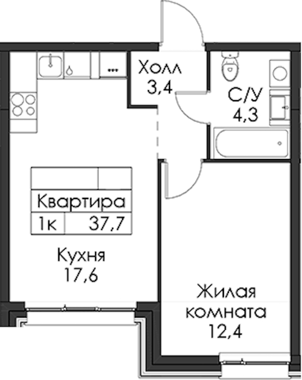 1-комнатная квартира 37.7 м², 4/12 эт., ЖК «Шкиперский 19»